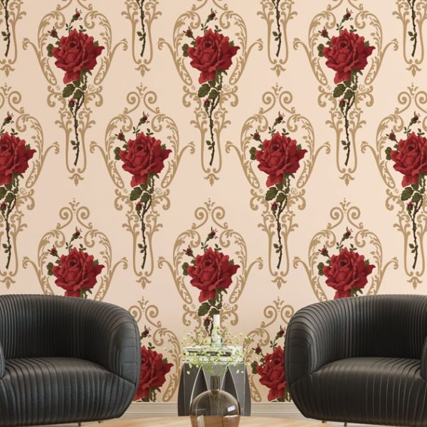 Baroque Pattern Red Roses Wall Mural