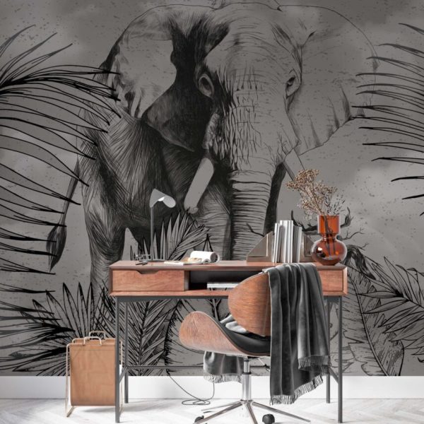 Elephant Leaves Black And White Wall Mural