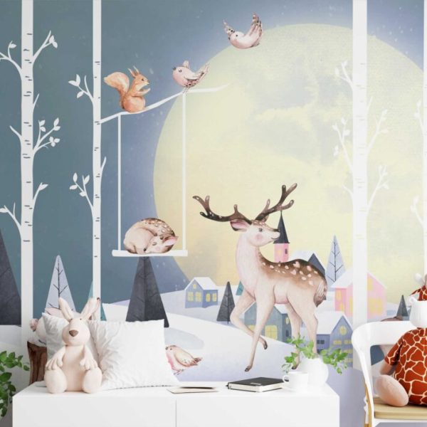Cute Animals In The Moonlight Wall Mural