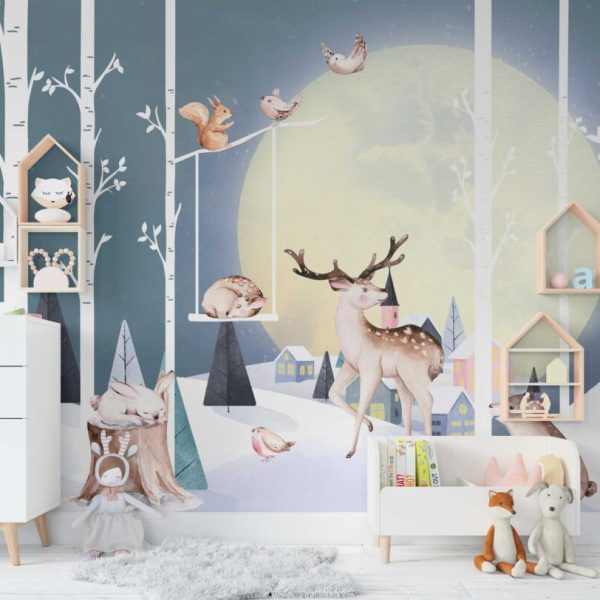 Cute Animals In The Moonlight Wall Mural
