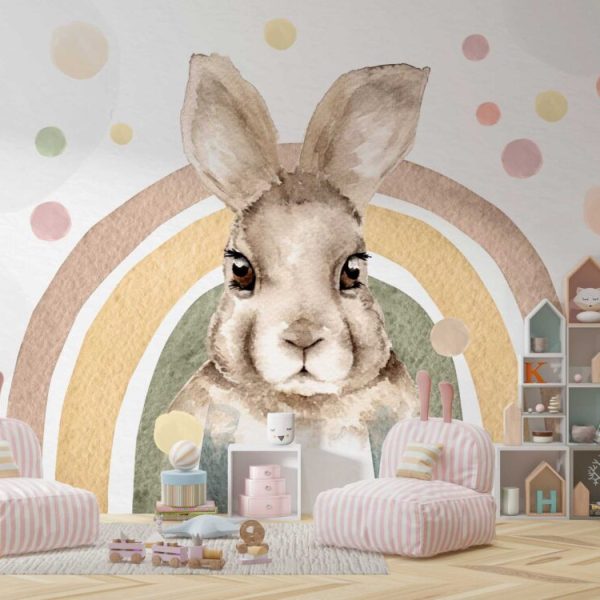 Big Rabbit And Rainbow Wall Mural