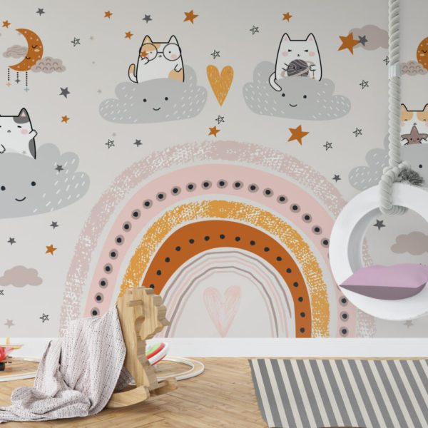 Cats In The Rainbow Clouds Wall Mural