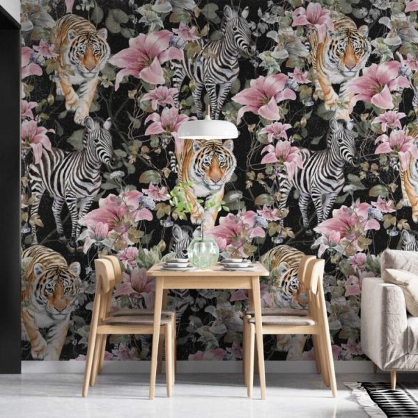 Zebra And Tiger Pattern Floral Wall Mural