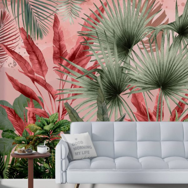 Big Tropical Leaves Pink Green Wall Mural