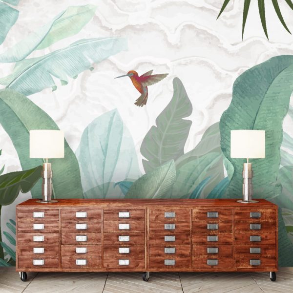 Birds And Big Tropical Leaves Wall Mural