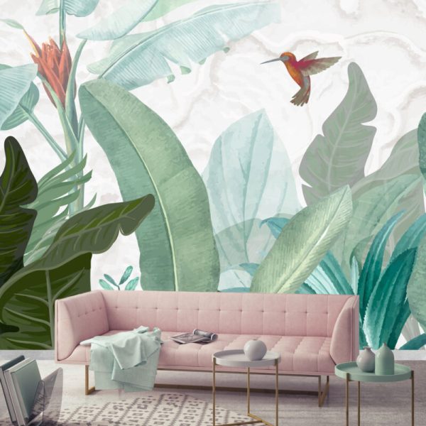 Birds And Big Tropical Leaves Wall Mural