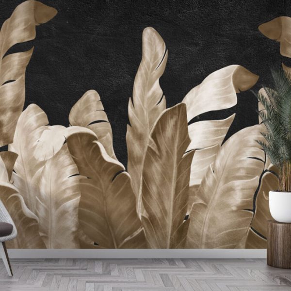 Gold Color Large Leaves Wall Mural
