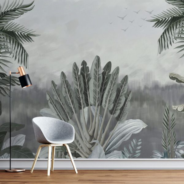 Pale Large Leaves And Palms Wall Mural