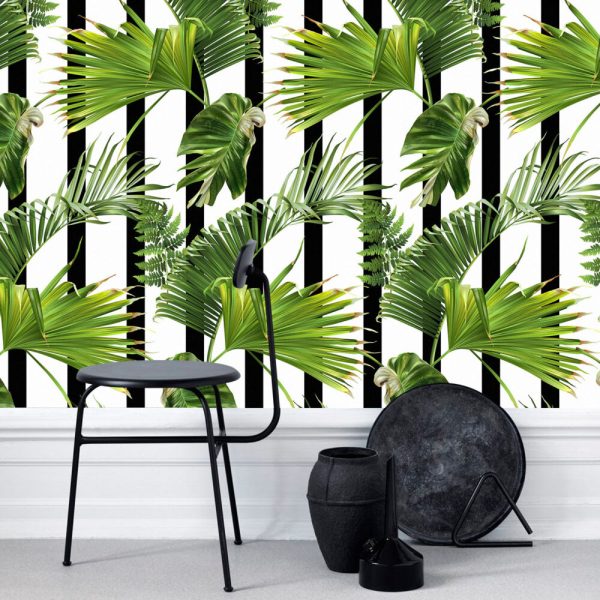 Stripes And Tropical Leaves Wall Mural