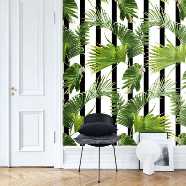 Stripes And Tropical Leaves Wall Mural