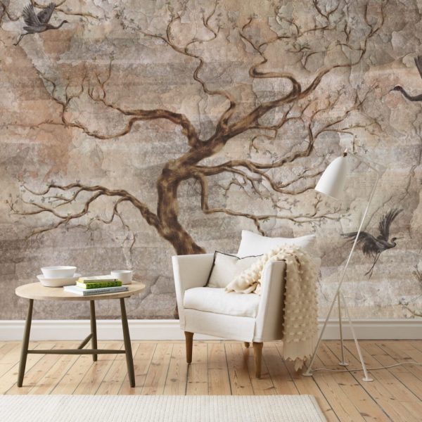 Vintage Big Tree And Birds Wall Mural