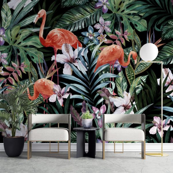Dark Flamingo Figured Tropical Wall Mural
