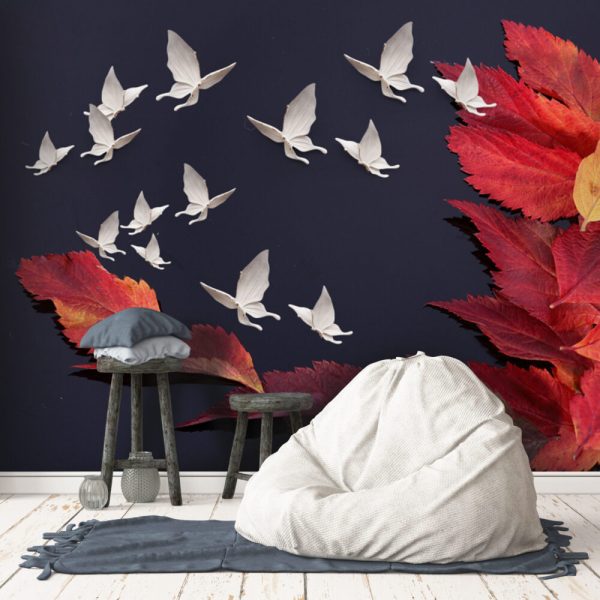 3D Looking Red Leaf Birds Wall Mural