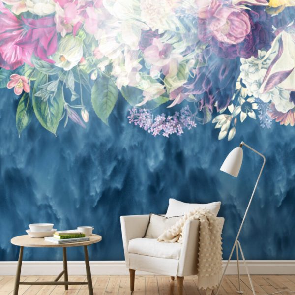 Blue Color Hanging Flowers Wall Mural