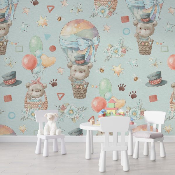 Cute Teddy Bears Flying Balloon Wall Mural
