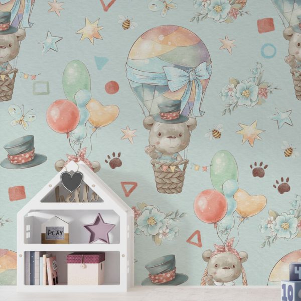 Cute Teddy Bears Flying Balloon Wall Mural