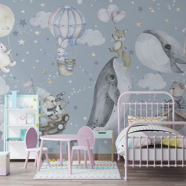 Whales And Flying Animals Wall Mural
