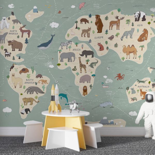 Kids World Map Animals Wall Mural