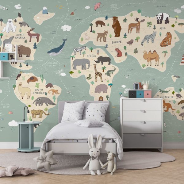 Kids World Map Animals Wall Mural