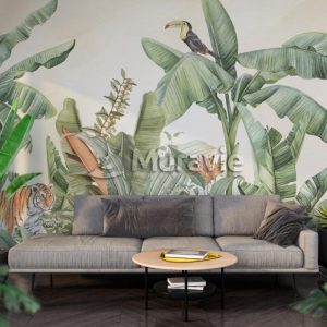 Beige Wallpaper Leaves , Jungle Animals Tropical Bedroom Wallpaper
