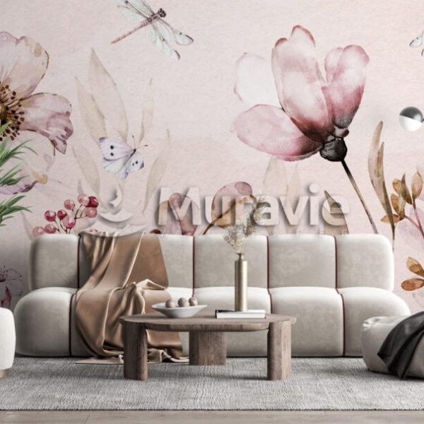 Big Pink Flowers Dragonfly Wall Mural