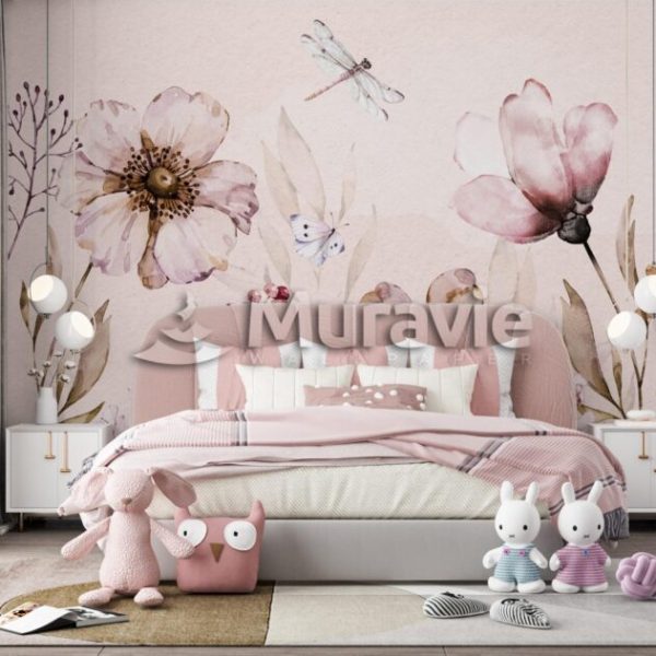 Big Pink Flowers Dragonfly Wall Mural