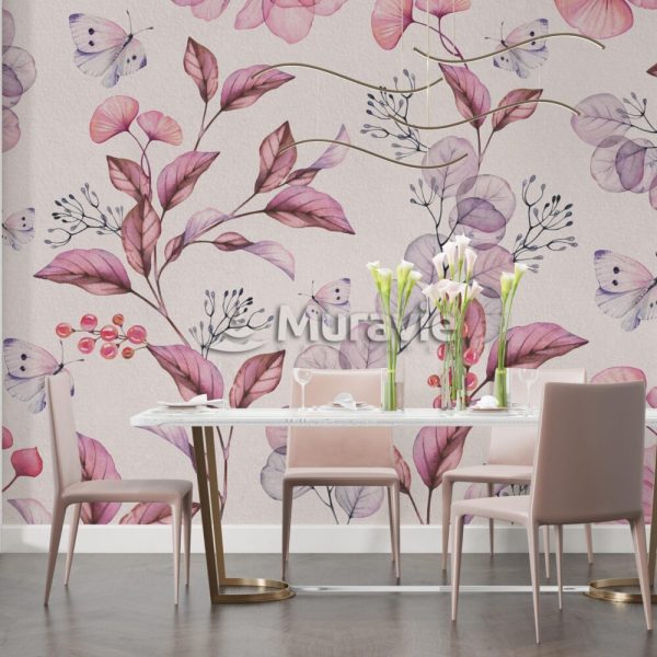 Pink Fall Leaves Pastel Colors Wall Mural