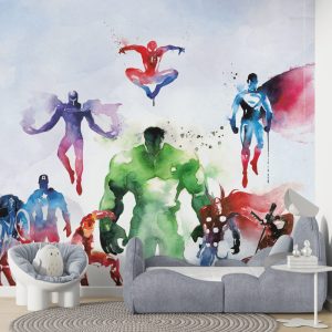 Marvel Heroes Wallpaper for Kids , Watercolor Effect Hulk Captain America Wonder Woman Wall Mural