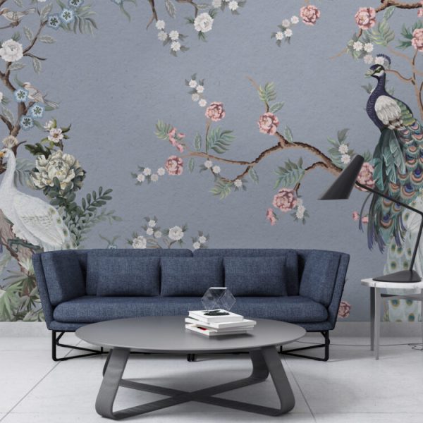 Peacock And Flowers Wall Mural