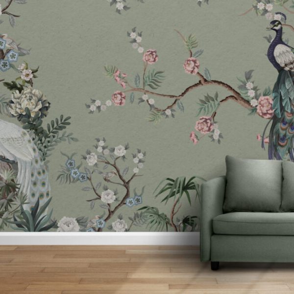 Peacock And Flowers Removable Wallpaper , Chinoiserie Blossom And Birds Wall Mural