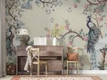 Peacock and Flowers Removable Wallpaper , Chinoiserie Blossom and Birds Wall Mural
