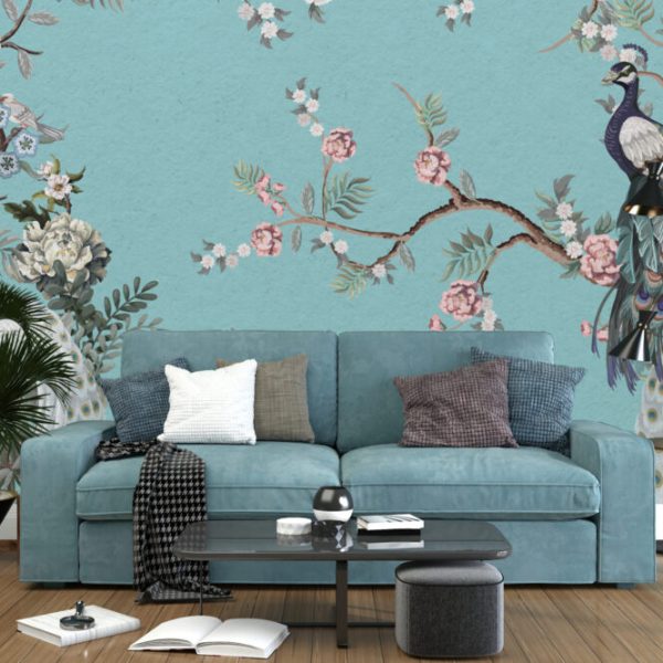 Peacock And Flowers Mural Wallpaper
