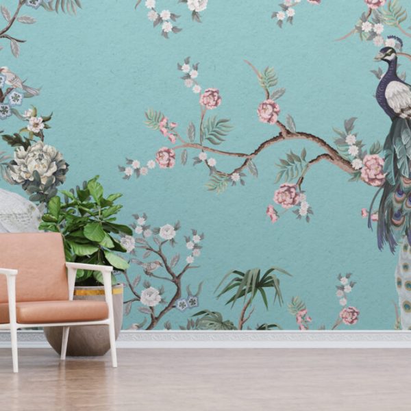 Peacock And Flowers Mural Wallpaper