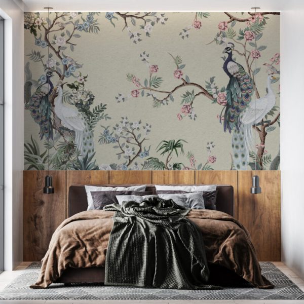 Peacock Chinoiserie Flowers Wall Mural