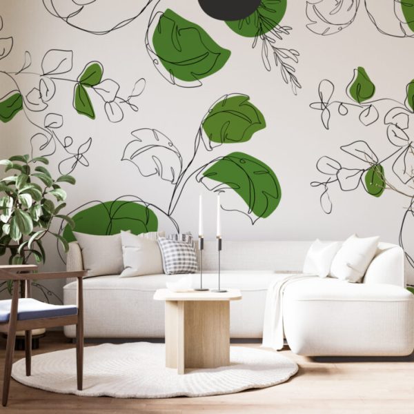 Green Leaves Boho Wallpaper For Bedroom Decor , Removable Leaf Wall Mural Bohemian Style