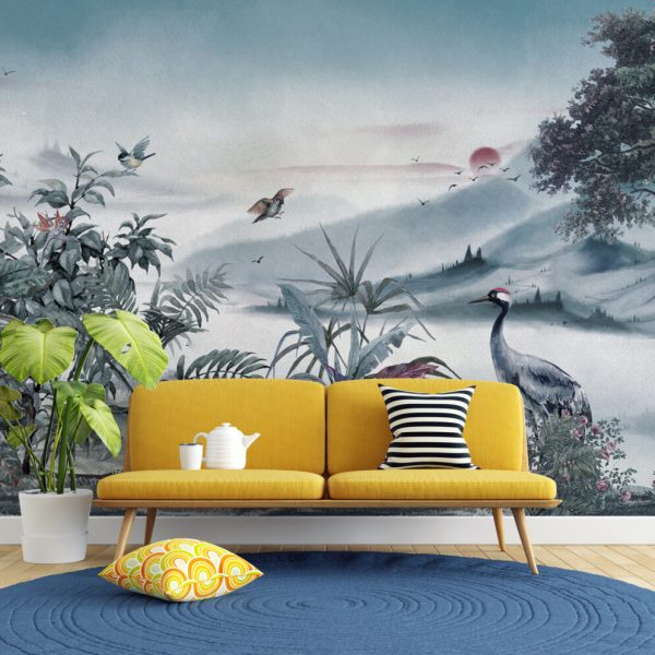 Mountains Trees And Stork Wallpaper , Landscape Look Wall Mural
