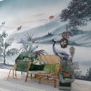 Mountains Trees and Stork Wallpaper , Landscape Look Wall Mural