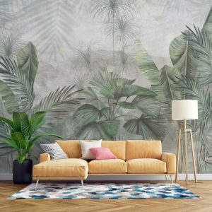 Scenic Big Tropical Leaves Living Room Wallpaper