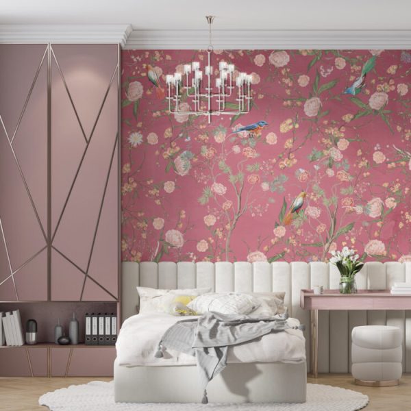Pink Floral Wallpaper Bird Flowers Peel