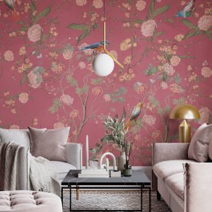 Garden Pink Floral Wallpaper Bird Flowers Peel & Stick Original Art Wall Mural
