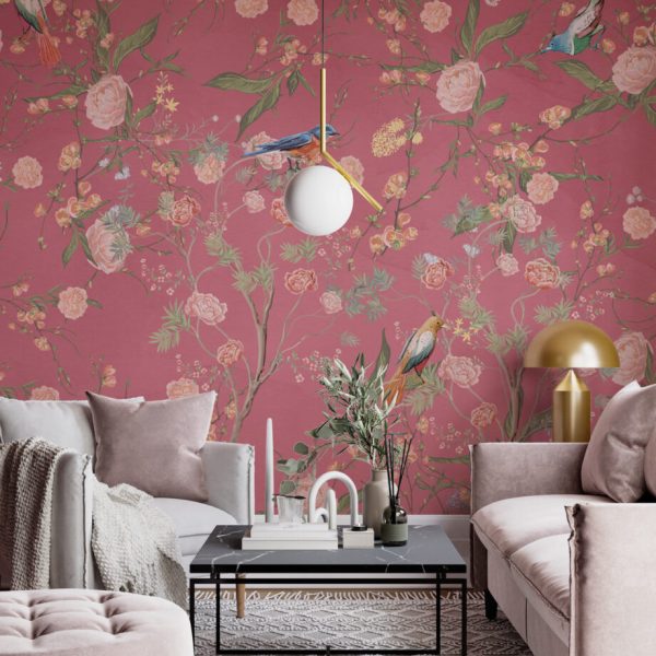 Garden Pink Floral Wallpaper Bird Flowers Peel &Amp; Stick Original Art Wall Mural