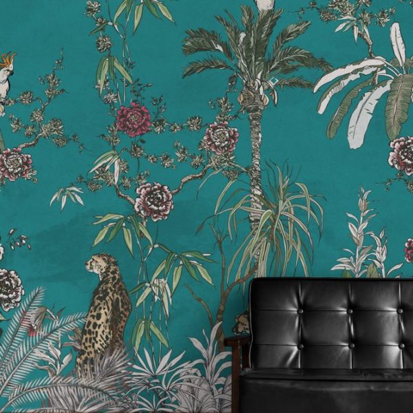 Blue Background Jungle Animals In The Jungle Floral Wallposter