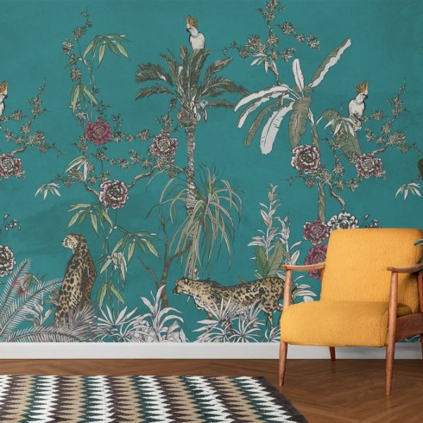 Blue Background Jungle Animals In The Jungle Floral Wallposter