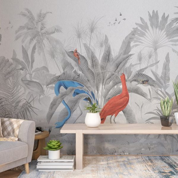 Black And White Flamingos In The Forest Wall Mural