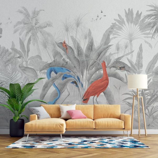 Black And White Flamingos In The Forest Wall Mural