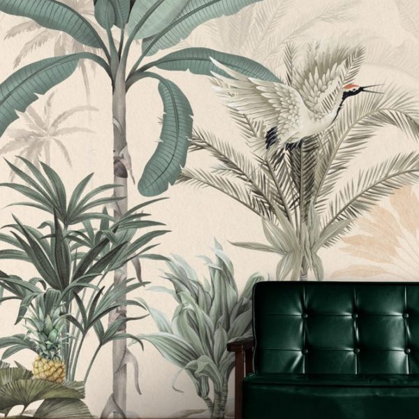 Tropic Themed Palms And Jungle Animals Wallpaper