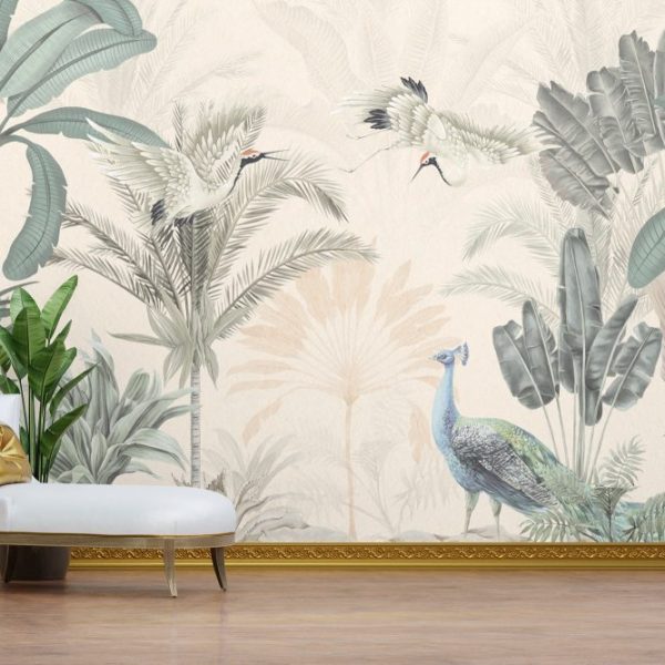 Tropic Themed Palms And Jungle Animals Wallpaper