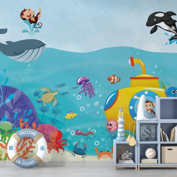 Diving Monkey And Creatures Of The Sea Wallpaper