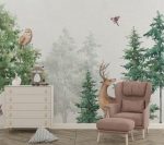 Watercolor Wild Animals in Foggy Forest Wall Mural