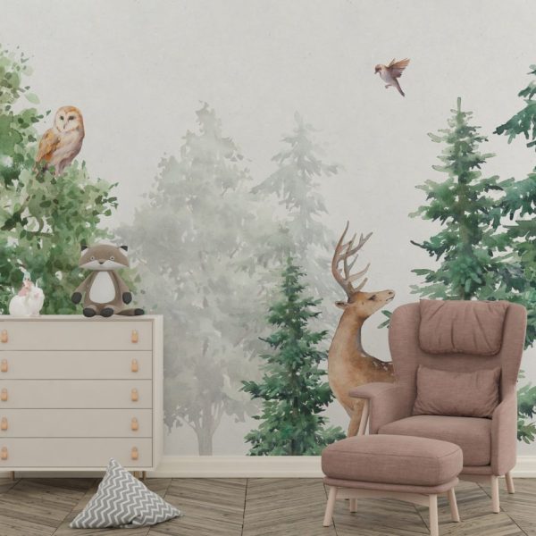 Watercolor Wild Animals In Foggy Forest Wall Mural